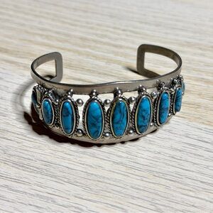 Vintage Southwestern Turquoise Row Cuff Bracelet Boho Navajo Style Silver Tone